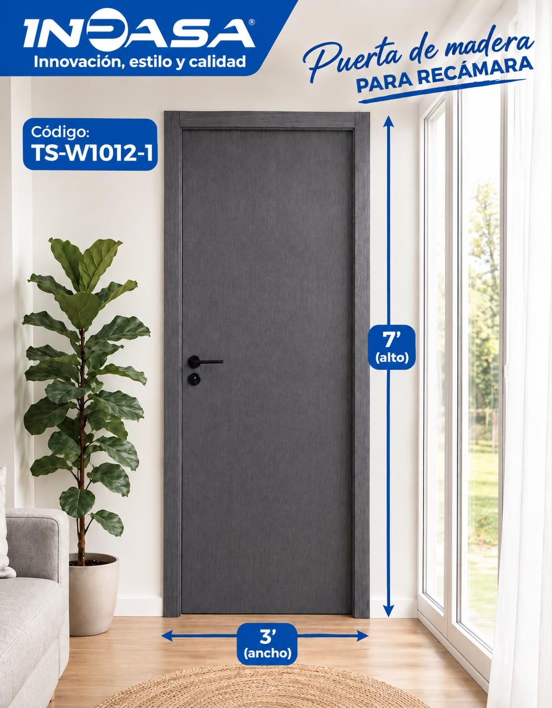 Puerta de Madera para interior 3'x7' Color Light Grey Inpasa