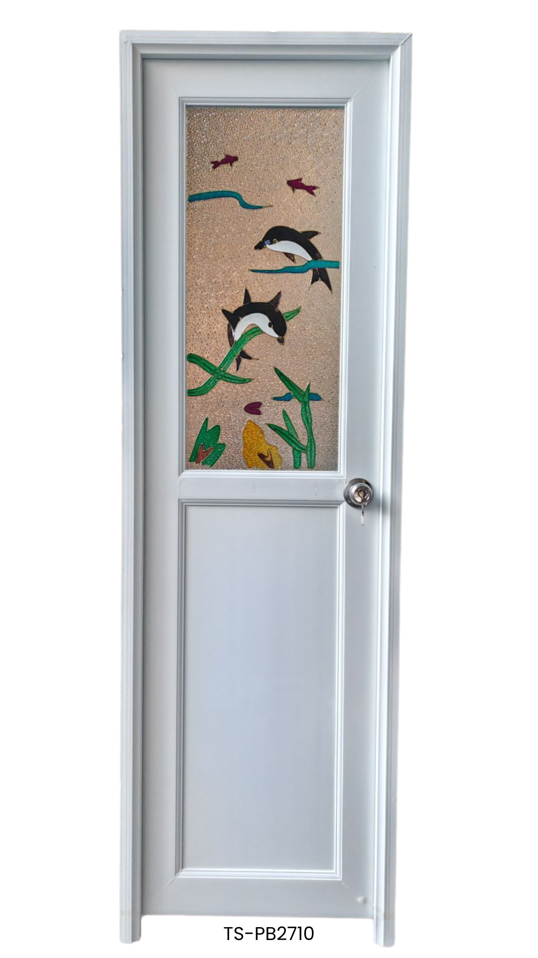Puerta de Baño PVC 2'×7' – Blanca con Diseño Delfín (Izquierda)