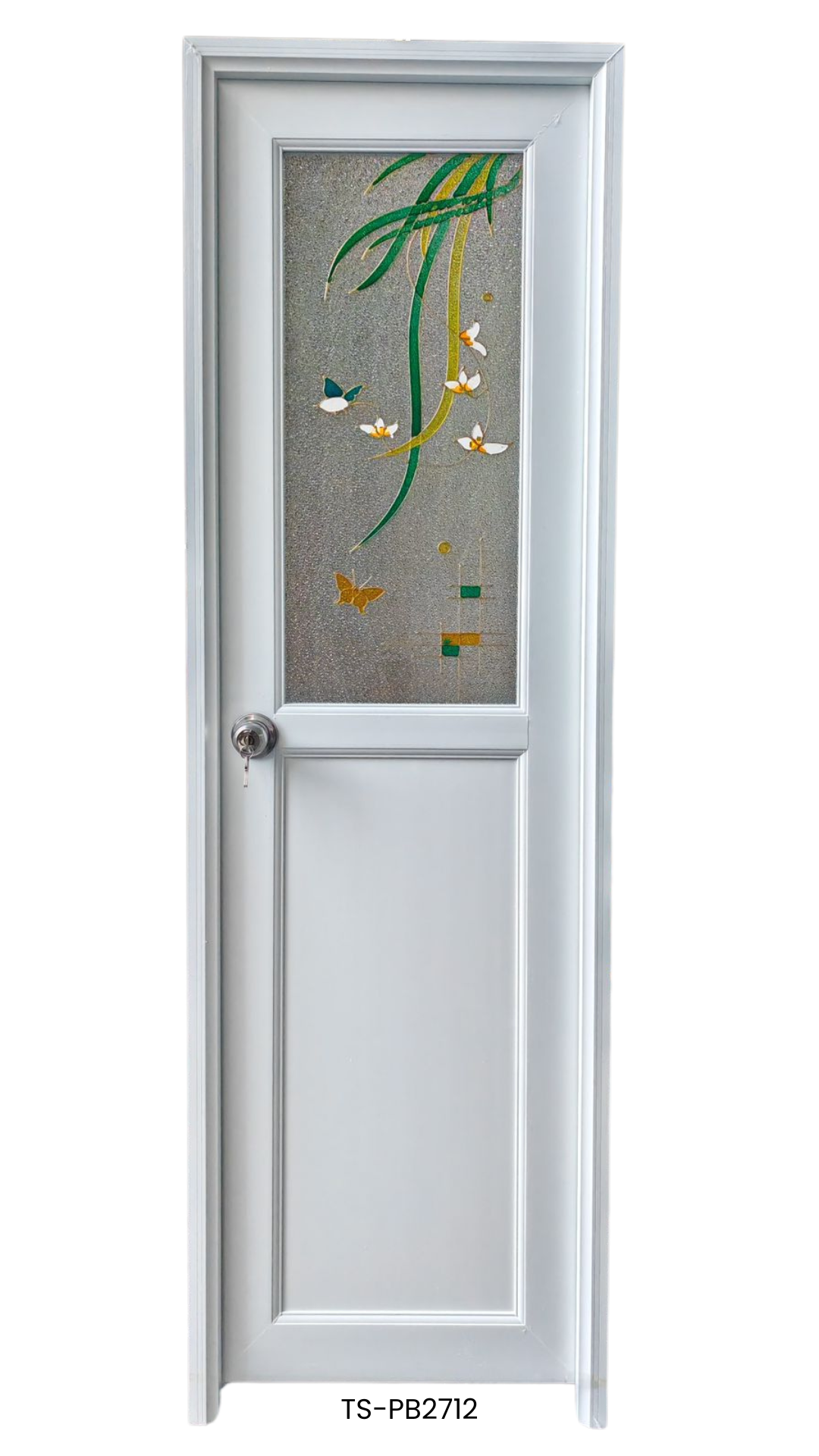 Puerta de Baño PVC 2'×7' – Blanca con Diseño Mariposa (Izquierda)