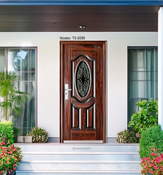 PUERTAS DE SEGURIDAD MULTIPUNTO CON VITRAL CAOBA IZQ.