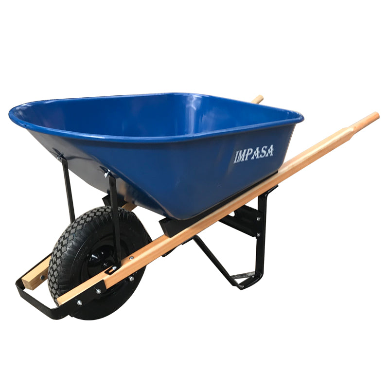 Carretilla de construcción con cuerpo de metal de alta resistencia, acabado azul y mango ergonómico de madera