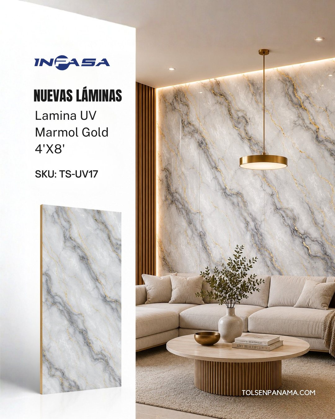 Lamina UV Marmol Gold 4'X8' Inpasa 