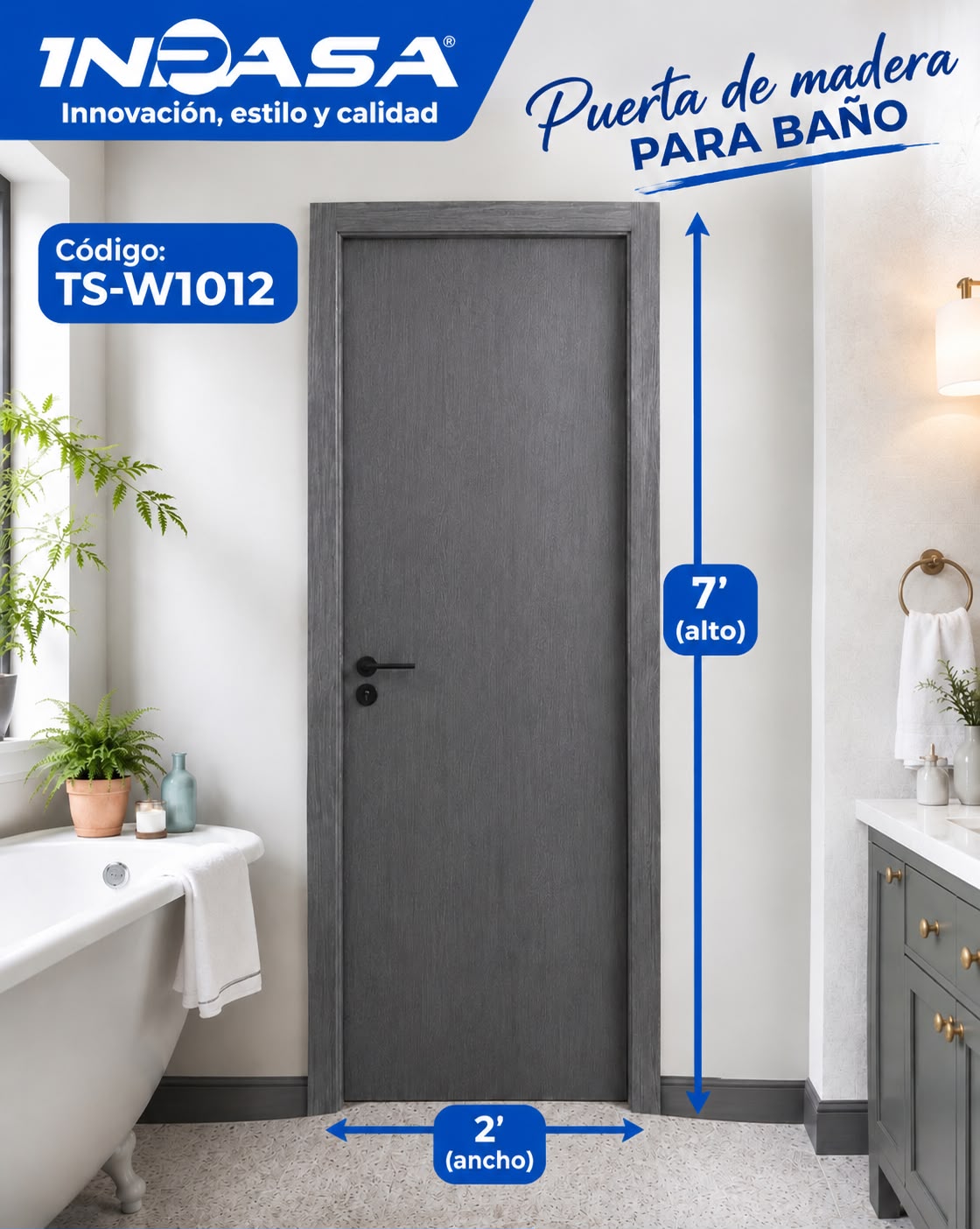 Puerta de Madera para interior 2'x7' Color Light Grey