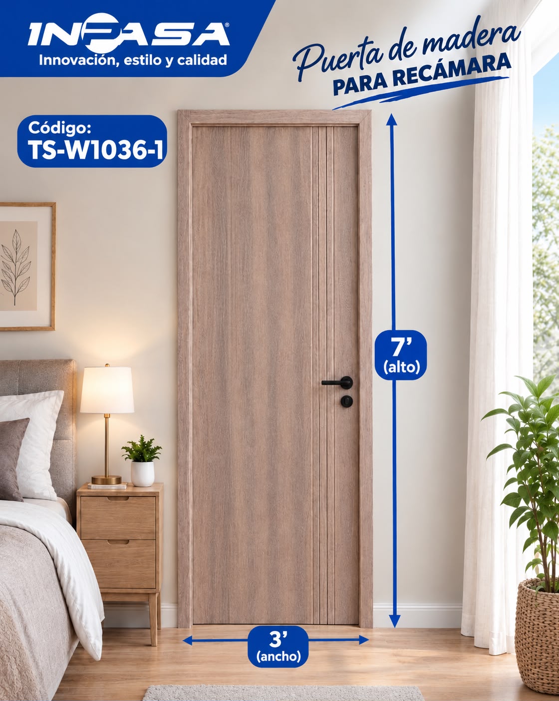 Puerta de Madera para interior 3'x7' Color Roble Claro