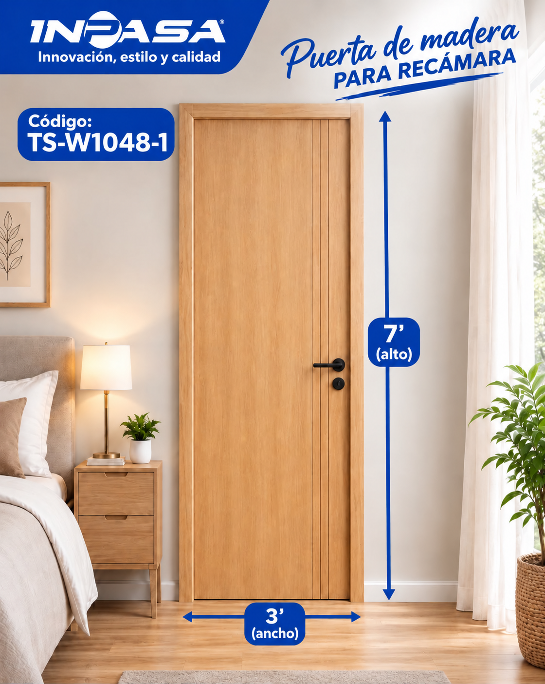 Puerta de Madera para interior 3'x7' Color Walnut Natural Inpasa