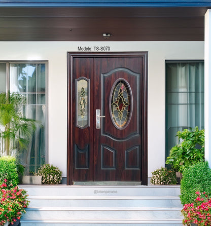 Puerta de Seguridad Multipuntos con Vitral Caoba – Paño y Medio (Derecha)