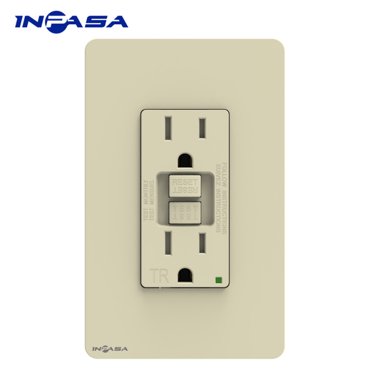 Tomacorriente GFCI de 15A con tapa plástica, certificación ETL, Color Marfil con Protector de Terminal.