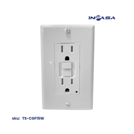 Tomacorriente GFCI C/TR de 15A con Placa de Pared Atornillada, Color Blanco Certificado ETL
