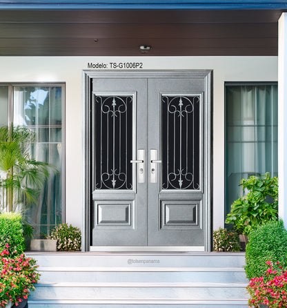Puerta Multipunto de Seguridad de Dos Paños con Vitral Superior – Color Negro (Derecha)