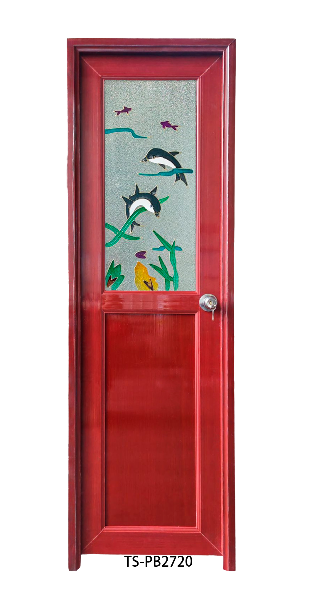 Puerta de Baño PVC 2'×7' – Caoba con Diseño Delfín (Izquierda)