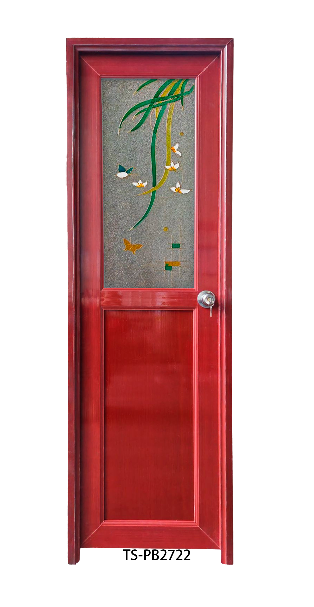 Puerta de Baño PVC 2'×7' – Caoba con Diseño Mariposa (Izquierda)