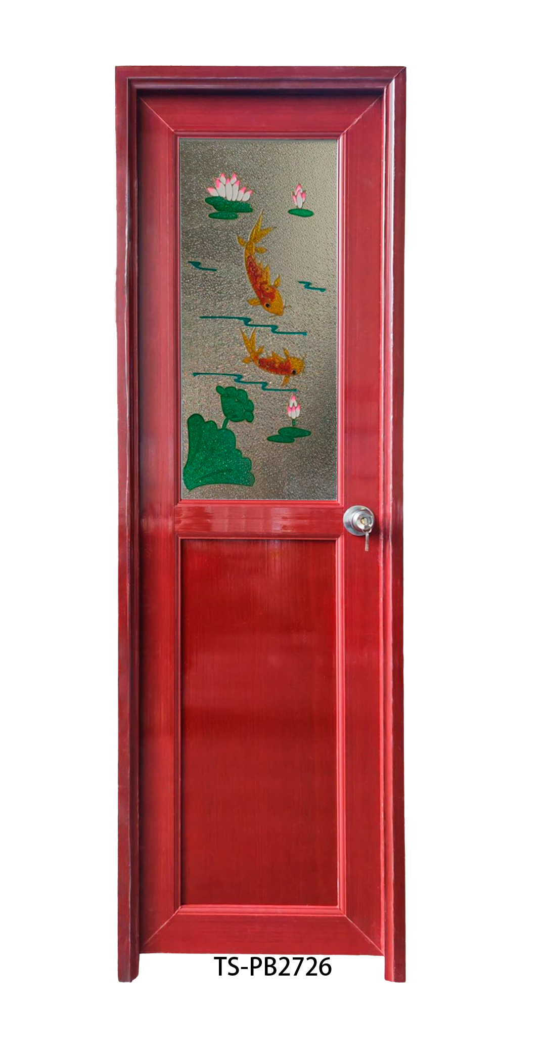 Puerta de Baño PVC 2'×7' – Caoba con Diseño Peces Naranja (Derecha)