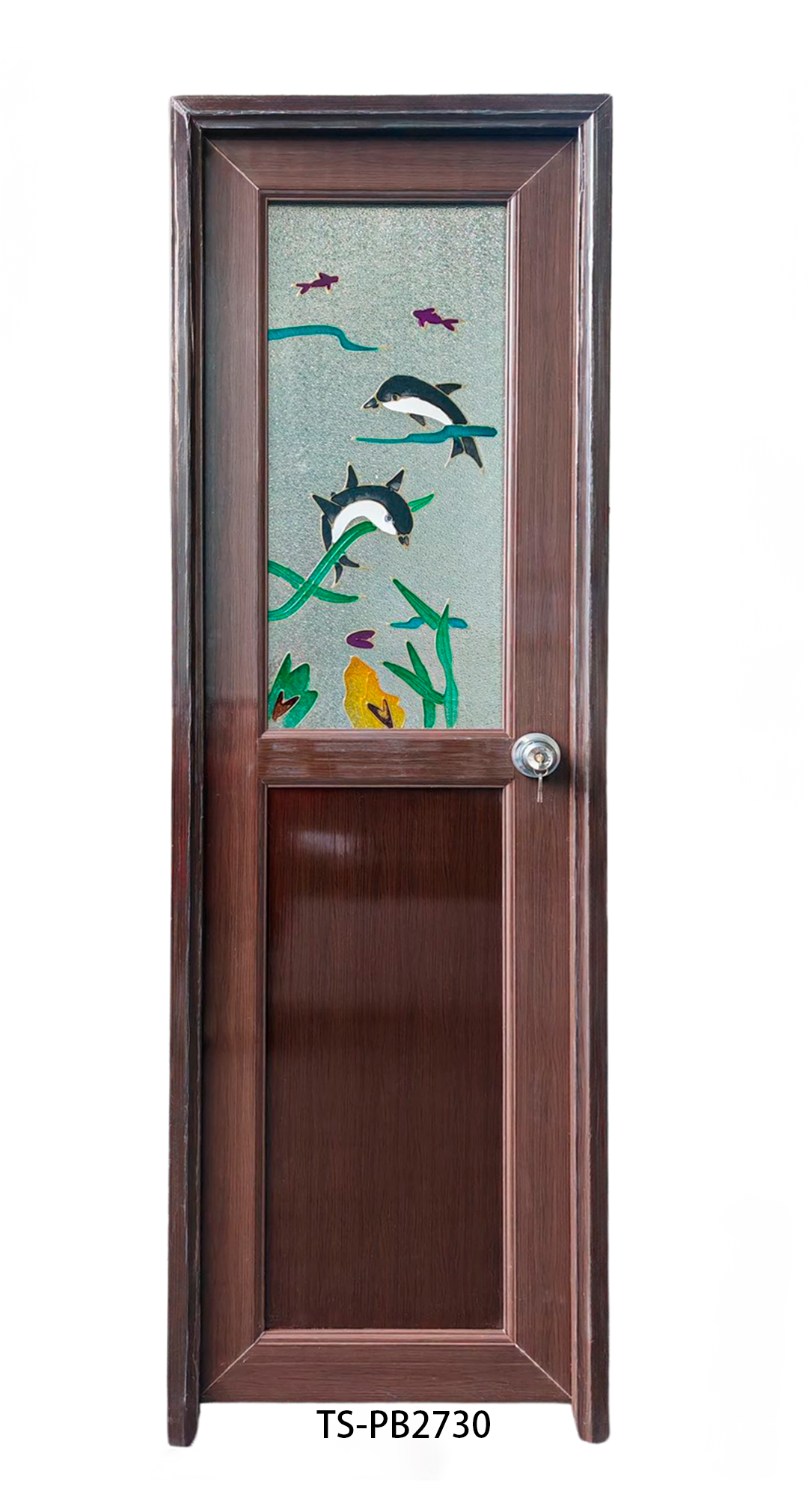 Puerta de Baño PVC 2'×7' – Chocolate con Diseño Delfín (Izquierda)