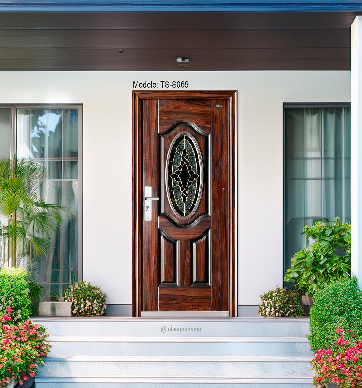 Puerta Multipunto de Seguridad con Vitral Caoba – con vidrio biselado y detalles dorados (Derecha)