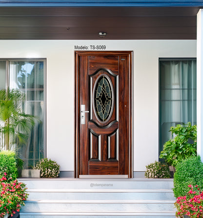Puerta Multipunto de Seguridad con Vitral Caoba – con vidrio biselado y detalles dorados (Derecha)