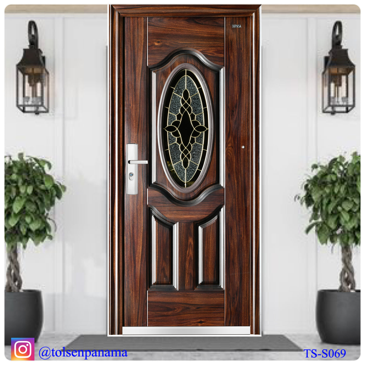 Puerta Multipunto de Seguridad con Vitral Caoba – con vidrio biselado y detalles dorados (Derecha)