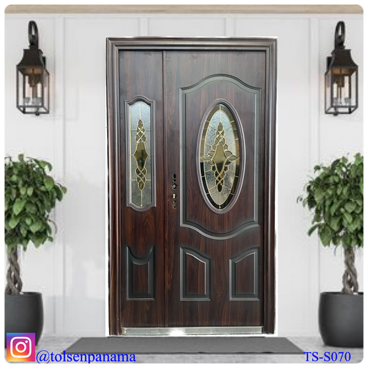 Puerta de Seguridad Multipuntos con Vitral Caoba – Paño y Medio (Derecha)