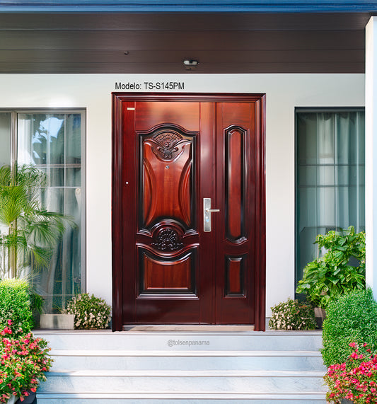 Puerta Multipunto de Seguridad Paño y Medio – Diseño Clásico Color Caoba (Izquierda)
