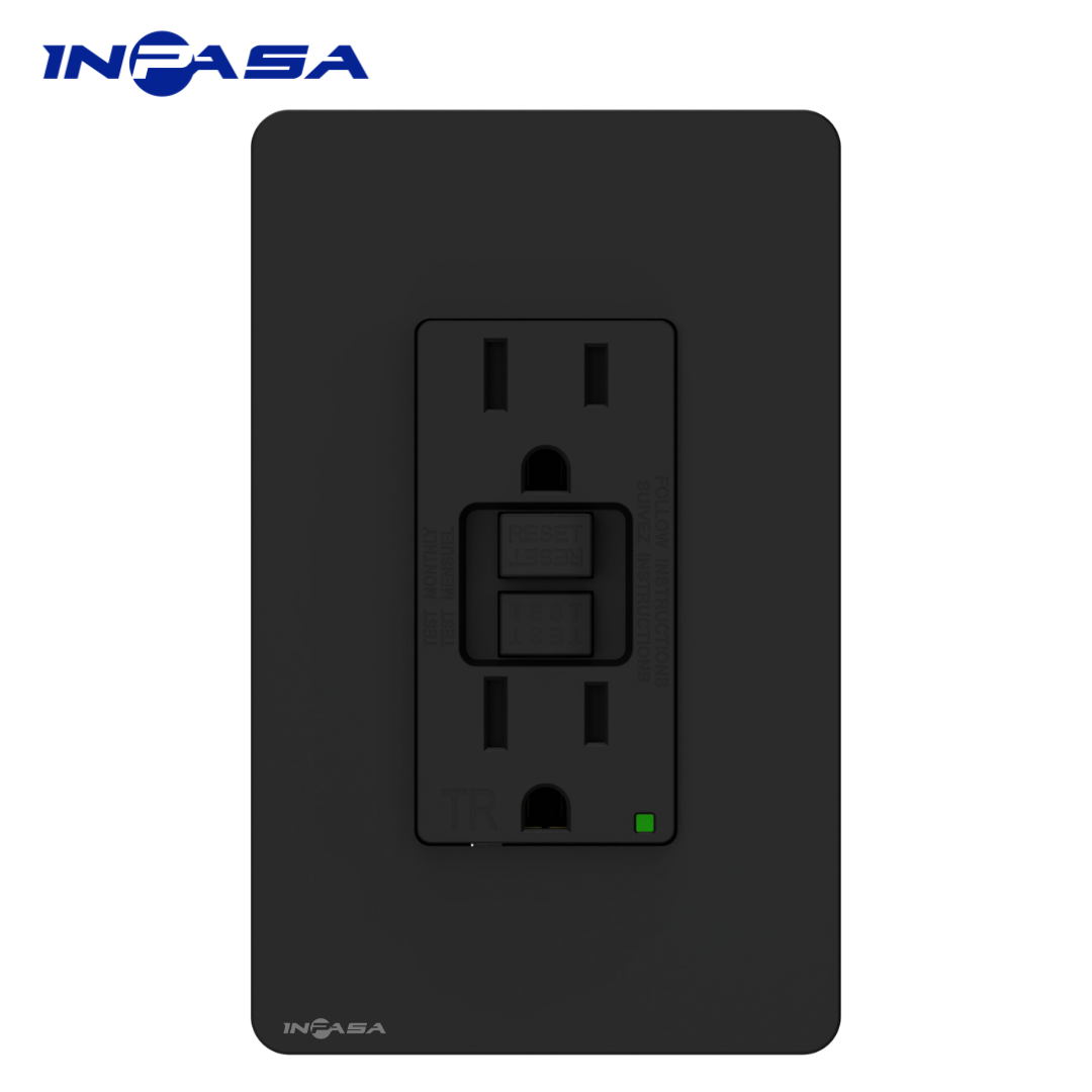 Tomacorriente GFCI de 15A con tapa plástica, certificación ETL, Acabado Negro Mate con Protector de Terminales.