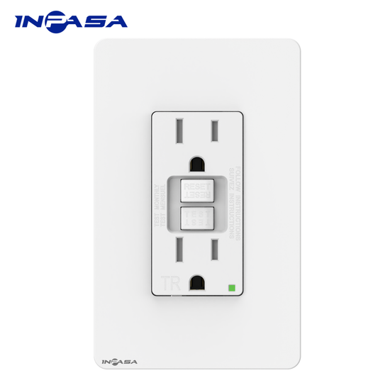 Tomacorriente GFCI de 15A con tapa plástica, certificación ETL, Color Blanco con Protector de Terminales.