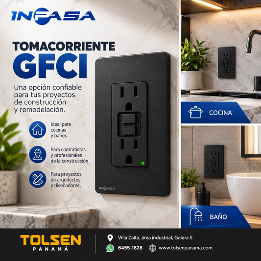 Tomacorriente GFCI de 15A con tapa plástica, certificación ETL, Acabado Negro Mate con Protector de Terminales.