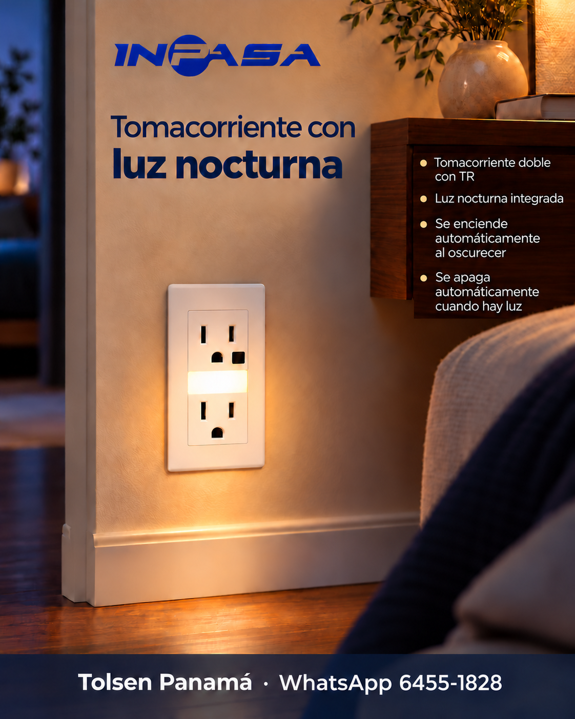 Tomacorriente Decora con Luz Natural Con TR de 15A Inpasa