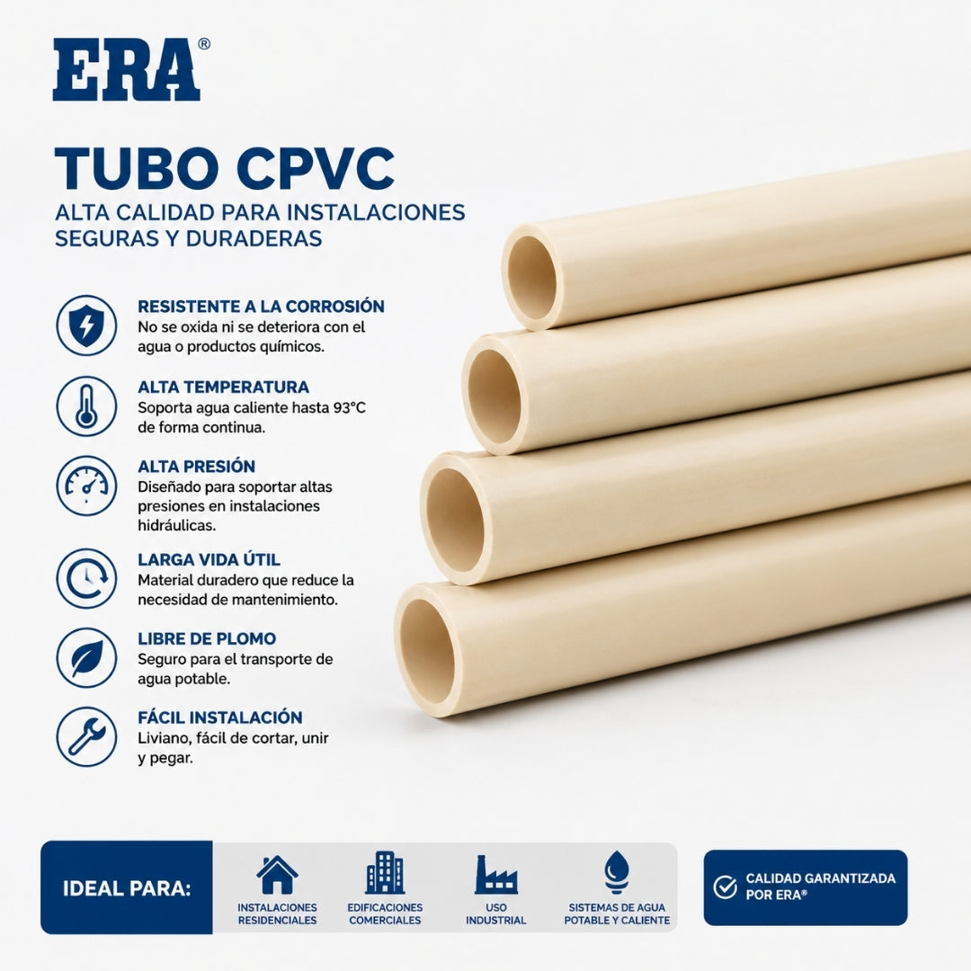 Tubo cpvc para agua caliente 1/2"X20' SDR13.5 ERA tolsen