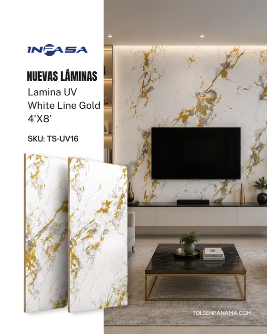 Lamina UV White Line Gold 4'X8'
